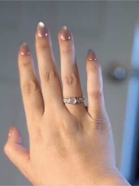 White Chalcedony Oval Ring Silver Tone Dainty Minimalist Ring